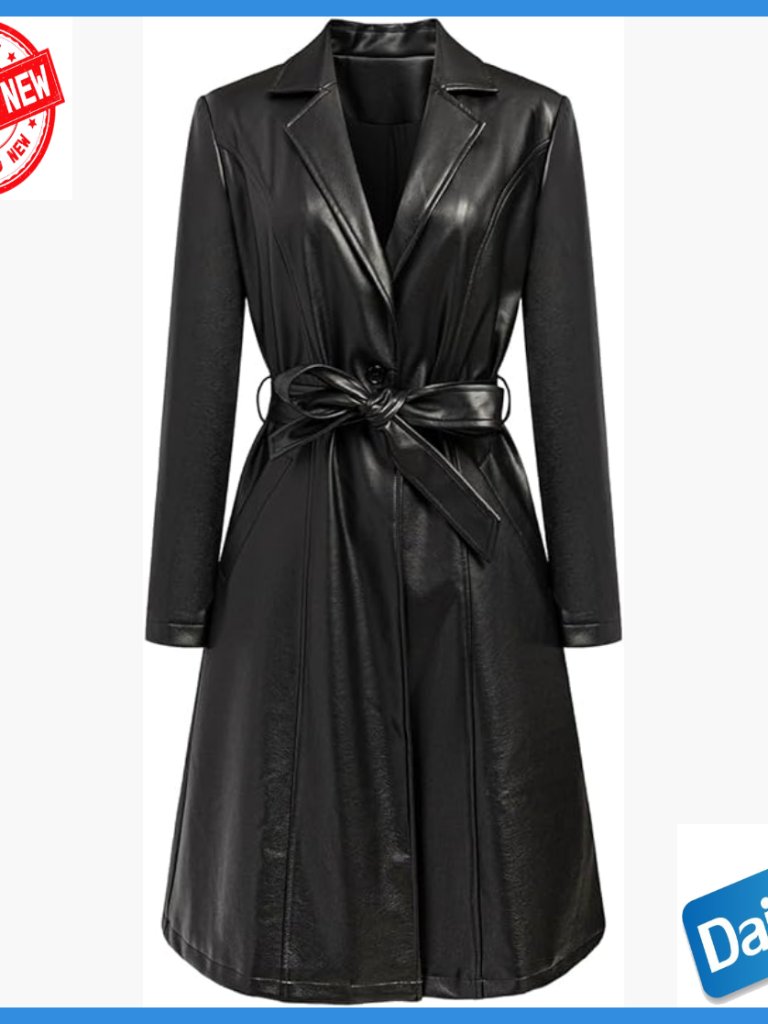 Faux Leather Trench Coat Mid Length Motorcycle Biker Overcoat With Belt